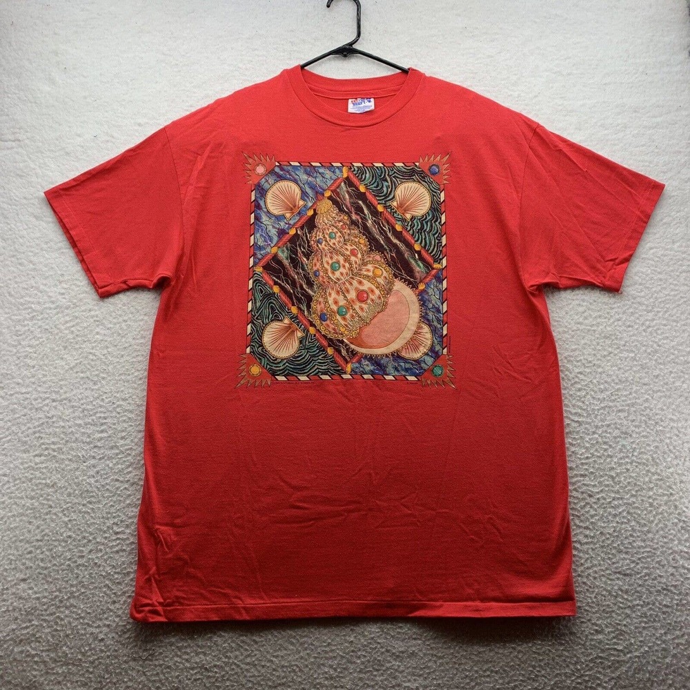 VTG‎ R. Mullins 1993 Graphic T-Shirt Adult XL Single Stitch Ocean Seashells Red